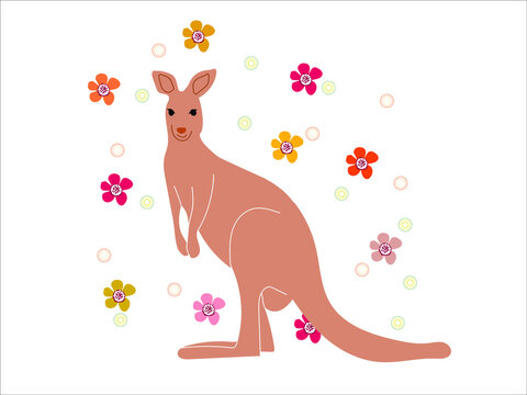 Kangaroo in a cartoon style framed by colorful circles and flowers. Illustration of kangaroo and flowers for a festive birthday mood.