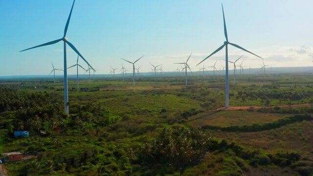 Los Cocos wind farm, Pedernales in Dominican Republic. Aerial rising