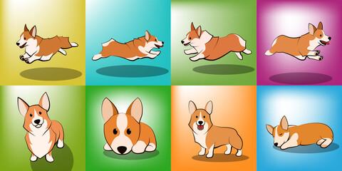 set of cute Cartoon Vector Illustration of a corgi puppy dog
