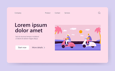 Cheerful grandparents riding on scooters. Bike, sea, holiday flat vector illustration. Weekend and retirement concept for banner, website design or landing web page