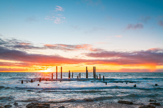 Iconic Port Willunga jetty ruins at sunset, Fleurieu Peninsula, South Australia