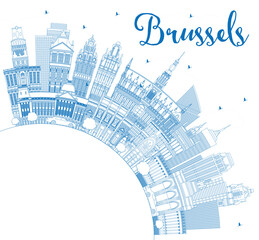 Outline Brussels Belgium City Skyline with Blue Buildings and Copy Space.