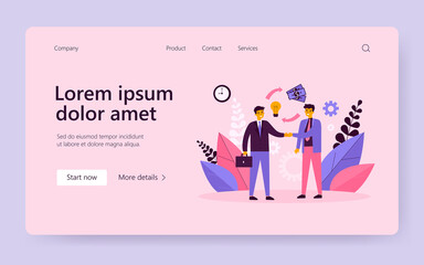 Business partners shaking hands. Business agreement, startup, money. Flat vector illustration. Cooperation, investments concept for banner, website design or landing web page