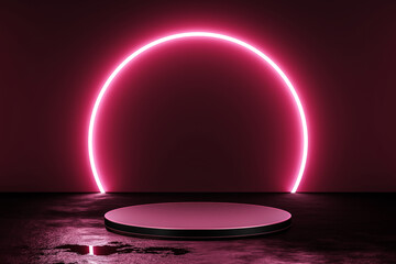 Pink neon light product background stage or podium pedestal on grunge street floor with glow spotlight and blank display platform. 3D rendering. - obrazy, fototapety, plakaty