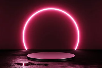 Tuinposter Pink neon light product background stage or podium pedestal on grunge street floor with glow spotlight and blank display platform. 3D rendering. © Lemonsoup14