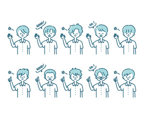 夏の制服を着た様々な男子学生の感情表現イラスト（上半身）