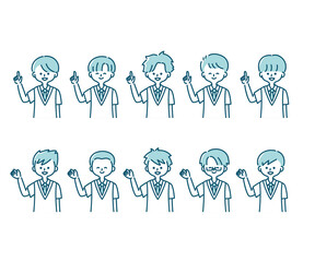 夏の制服を着た様々な男子学生のイラスト（上半身）