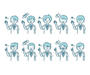 夏の制服を着た様々な男子学生のイラスト（上半身）