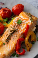 Baked red fish fillet Arctic char on a plate with vegetables close up, delicious hearty healthy dinner