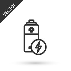 Grey line Battery icon isolated on white background. Lightning bolt symbol. Vector