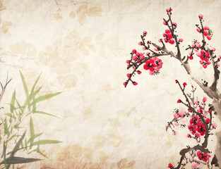 Chinese painting of plum blossom and bamboo on old antique paper texture