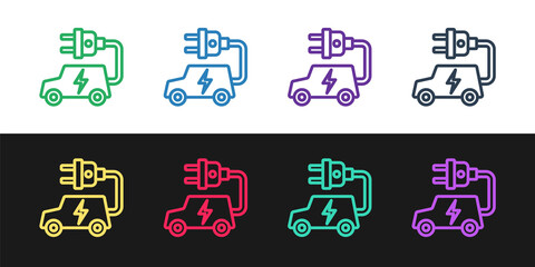 Set line Electric car and electrical cable plug charging icon isolated on black and white background. Renewable eco technologies. Vector