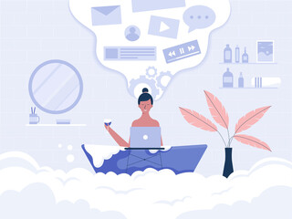 Woman freelance. girl with laptop lying on bathtub. concept illustration Vector.