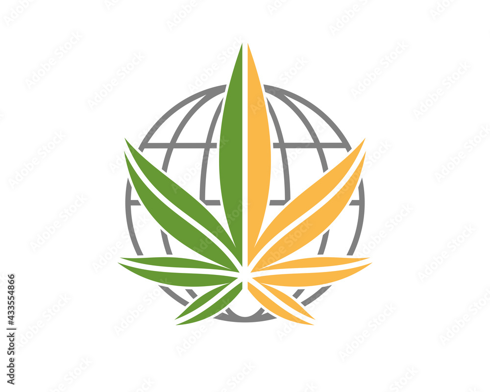 Sticker cannabis leaf with globe behind