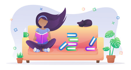Girl sitting in yellow sofa and reading book. Interior with table, plants in a pots and cup of coffee, tea, and black cat. Vector illustration isolated on white background.