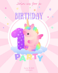 Postard with cute plump pink unicorn with rainbow hair and purple number 1 sitting on blue cloud with stars and stripes  around. Holiday, birthday illustration for greeting card, banner, party.