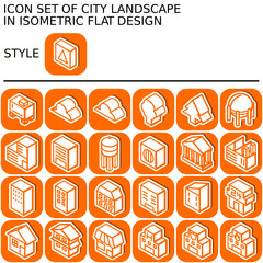 City landscape icon set in isometric flat design with orange lines, white fills, white outline, drop shadow on a round square of orange line and orange fill background.