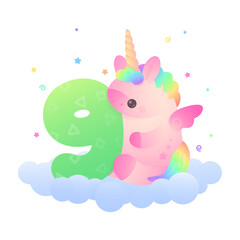 Cute plump pink unicorn with  rainbow hair and green number 9 sitting on blue cloud with stars around. Holiday, birthday  illustration for postcard greeting card, banner, party on white background.