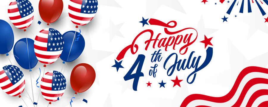 USA, America happy 4th of July custom hand-lettering, typography design with stars on red, blue and American balloon group with starburst and confetti on the background
