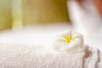 Obraz na płótnie Canvas plumeria (Frangipani) flower with towel on blur background