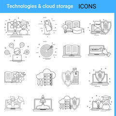 Technologies and cloud storage.A set of web icons in the style of thin contours.A collection of various icons for web design. Vector illustration.