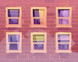 House facade windows, front view multistorey building exterior of red brick with glasses reflect city architecture. Empty home with no people inside, residential dwelling, Cartoon vector illustration