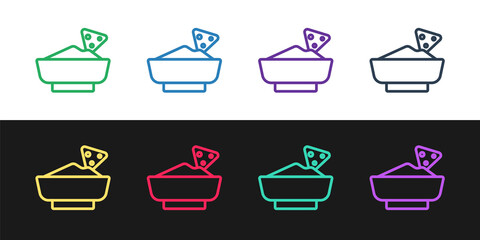 Set line Nachos in bowl icon isolated on black and white background. Tortilla chips or nachos tortillas. Traditional mexican fast food menu. Vector