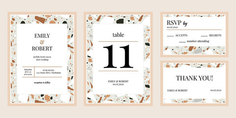 Mosaic texture wedding invitations. Marble or granite mosaic textures bridal flyers vector illustration set. Wedding invitation with marble chips texture