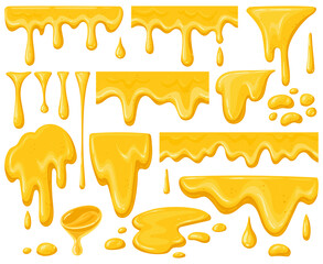 Cartoon honey drips. Dripping golden delicious honey flows, yellow natural sweets splashes and honey syrup drops vector illustration set. Honey liquid drips