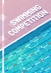 Obraz premium Swimming competition poster with top view of empty pool with blue water and lane markers. Vector flyer of swim race sport challenge with cartoon illustration of public pool