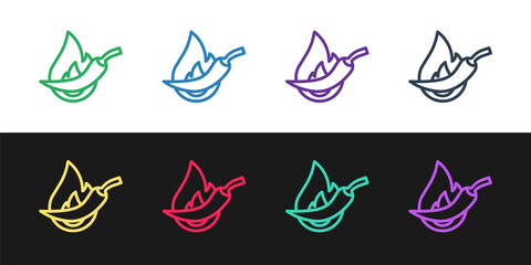 Set line Hot chili pepper pod icon isolated on black and white background. Design for grocery, culinary products, seasoning and spice package, cooking book. Vector