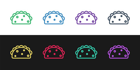 Set line Taco with tortilla icon isolated on black and white background. Traditional mexican fast food menu. Vector