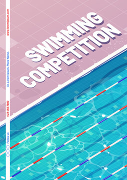 Swimming competition poster with top view of empty pool with blue water and lane markers. Vector flyer of swim race sport challenge with cartoon illustration of public pool
