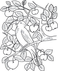 coloring book - a bird on the branches of an apple tree