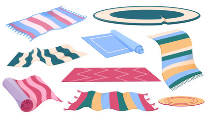 Set of carpets or rugs of different shapes, designs and colors. Floor covering, interior decor, mats with fringed edges, cozy home decoration isolated on white background, Cartoon vector illustration
