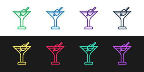 Set line Martini glass icon isolated on black and white background. Cocktail icon. Wine glass icon. Vector