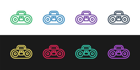 Set line Home stereo with two speakers icon isolated on black and white background. Music system. Vector
