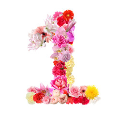 Figure 1 made of beautiful flowers on white background