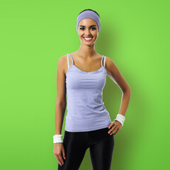 Portrait image of smiling sporty brunette woman in sportswear, isolated over green background. Young female fitness instructor or personal trainer at studio. Square composition.