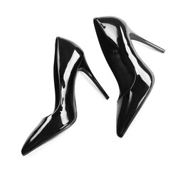 Pair of stylish high heels on white background