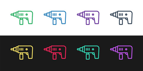 Set line Electric drill machine icon isolated on black and white background. Repair tool. Vector