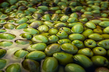 Closeup of submerged olives in production process
