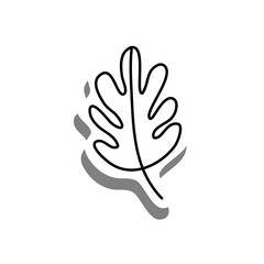 Black line cartoon simple wavy leaf on white silhouette and gray shadow. Icon Emoji for decoration or any design. Vector illustration of nature.