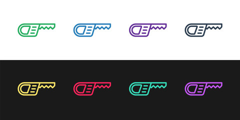 Set line Reciprocating saw and saw blade icon isolated on black and white background. Vector