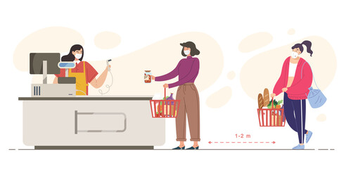 Distancing queue at cashier. Flat vector illustration of people shopping at supermarket during COVID-19 epidemic. Concept of social distancing, virus prevention, wearing mask, buy foods and supplies.
