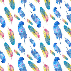 Watercolor feather pattern, abstract bright feathers on white background, perfect for greeting cards, invitations design