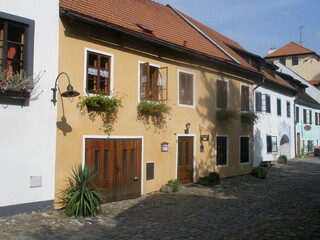 Street scene in the town of Cesky Krumlov, Southern Bohemia, Czech Republic.