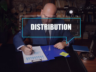  DISTRIBUTION inscription on the screen. Budget analyst inspecting market data. The process of moving a product from its manufacturing source to its customers.