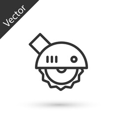 Grey line Electric circular saw with steel toothed disc icon isolated on white background. Electric hand tool for cutting wood or metal. Vector