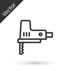 Grey line Electric jigsaw with steel sharp blade icon isolated on white background. Power tool for woodwork. Vector